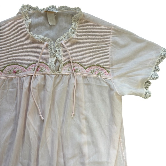 Vintage 70s Pink Cottagecore Lace Trim Shift Night Gown M - Picture 4 of 6